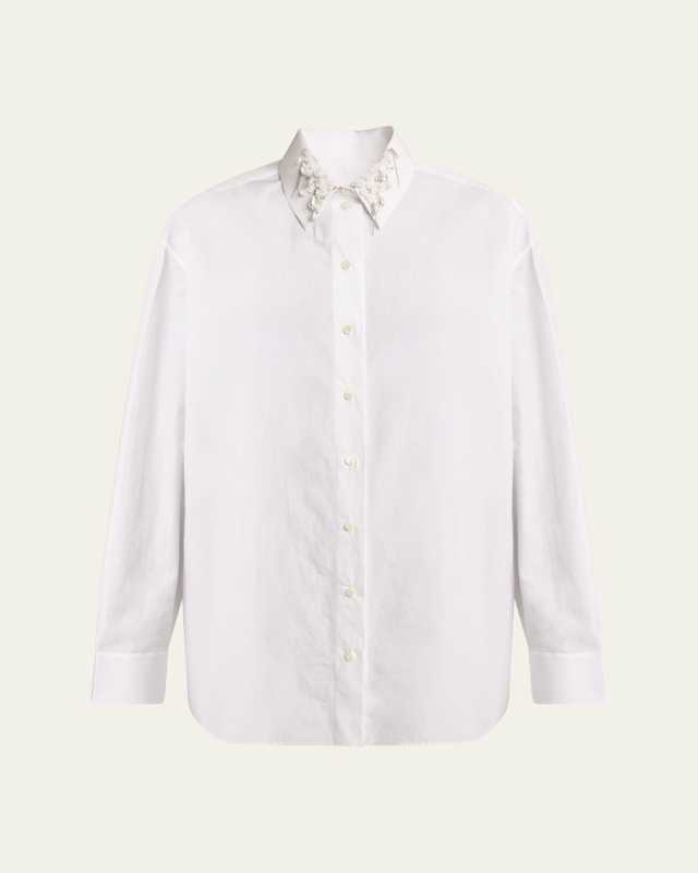 Beaded Pearly Collar Button Down Cotton Blouse